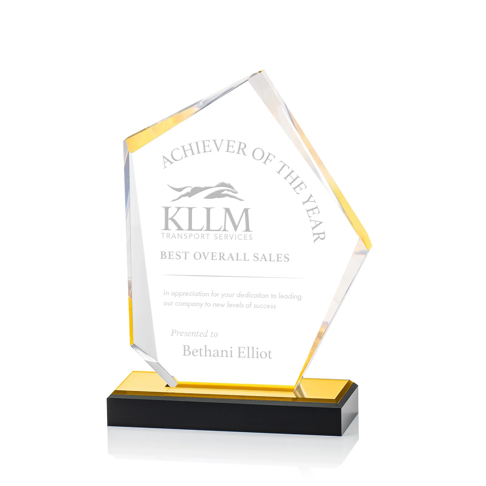 Custom Faceted Acrylic Award with Blue Reflective Frame on Ebony Base for volunteer appreciation
