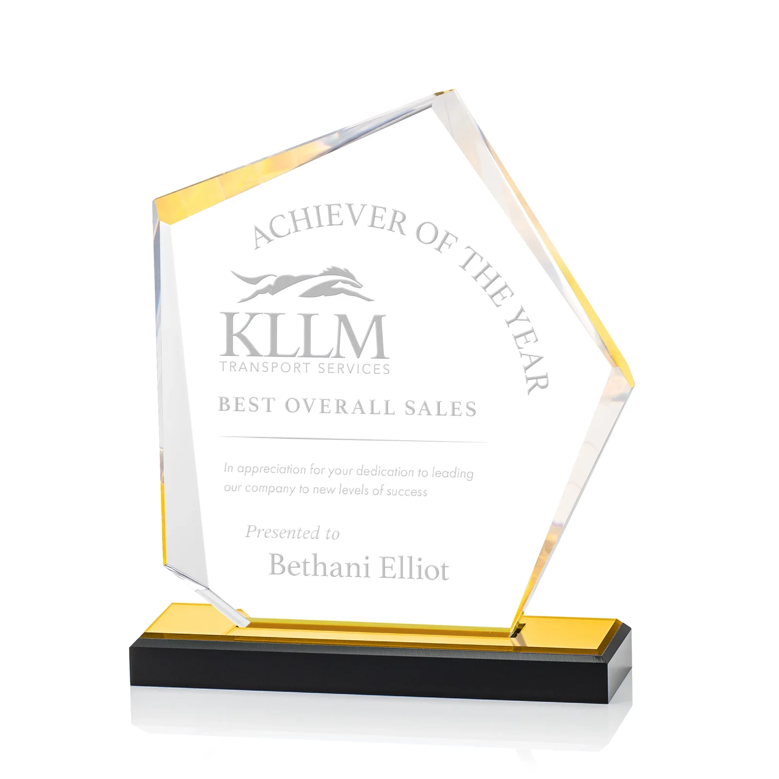 Custom Faceted Acrylic Award with Blue Reflective Frame on Ebony Base for dealer and partner awards