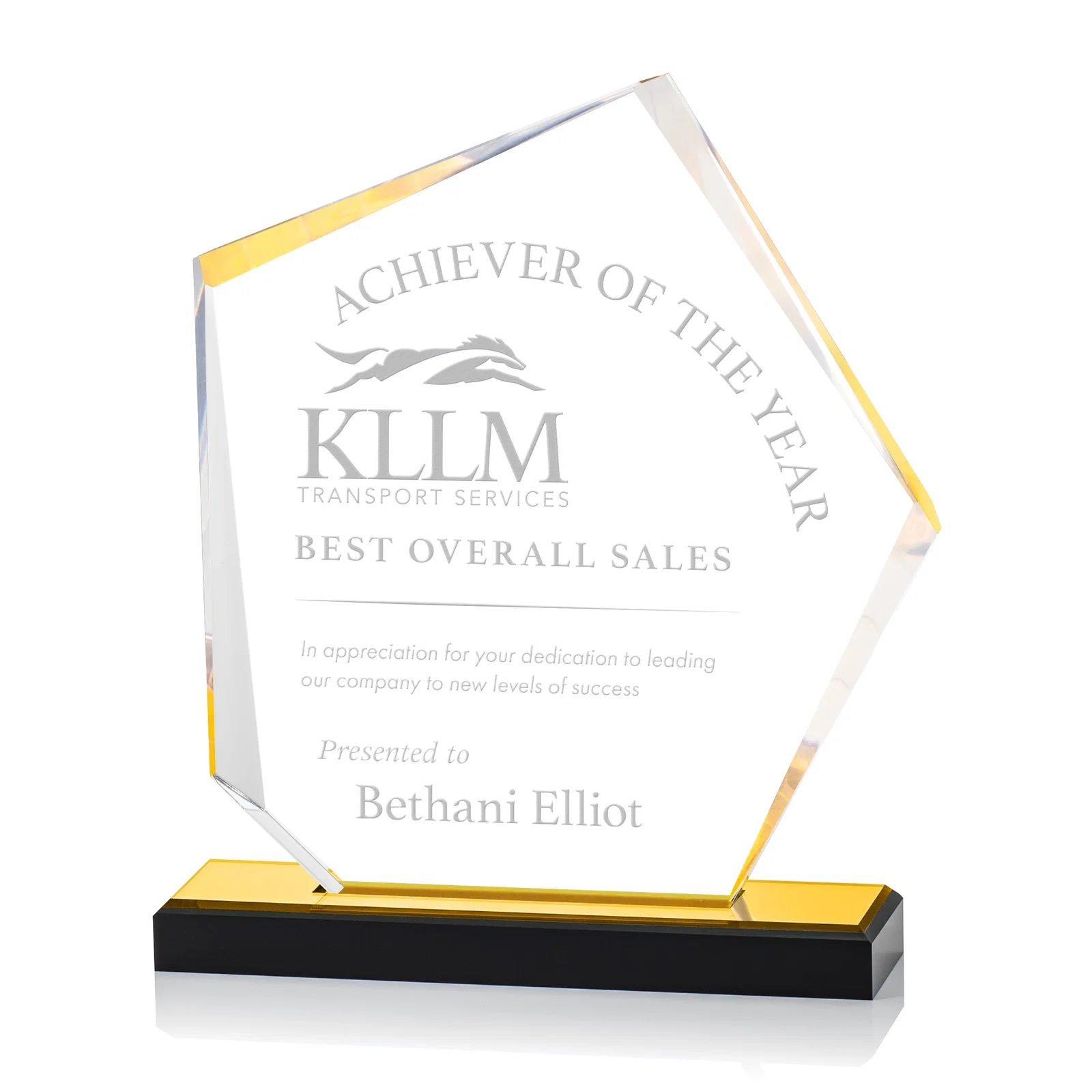 Custom Faceted Acrylic Award with Blue Reflective Frame on Ebony Base for company anniversary events