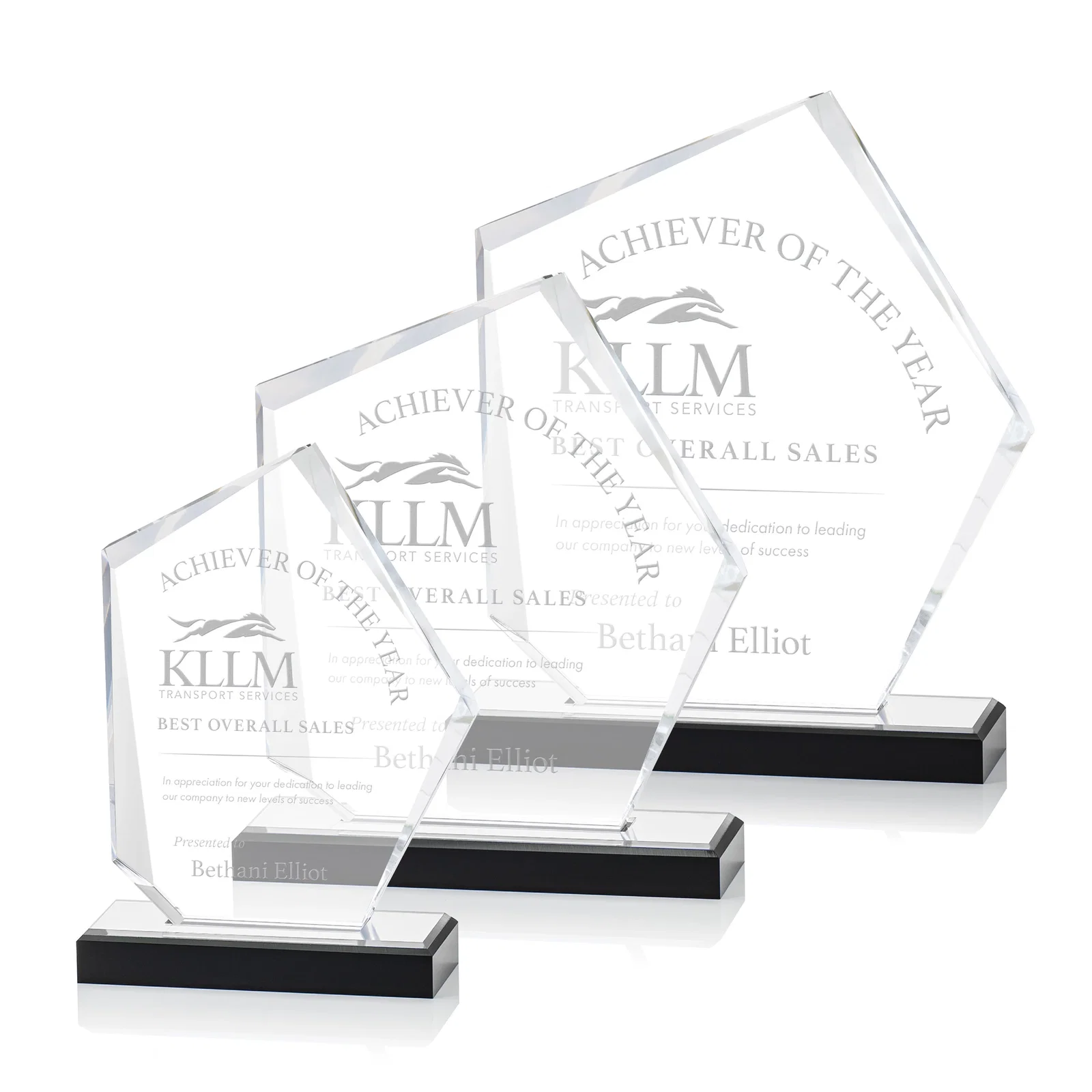 Personalized Faceted Acrylic Award with Blue Reflective Frame on Ebony Base for employee recognition