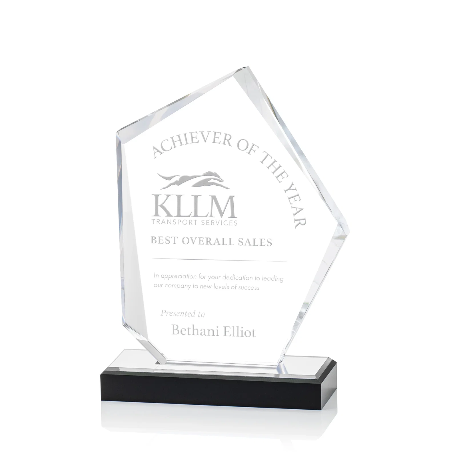 Personalized Faceted Acrylic Award with Blue Reflective Frame on Ebony Base for corporate award ceremonies