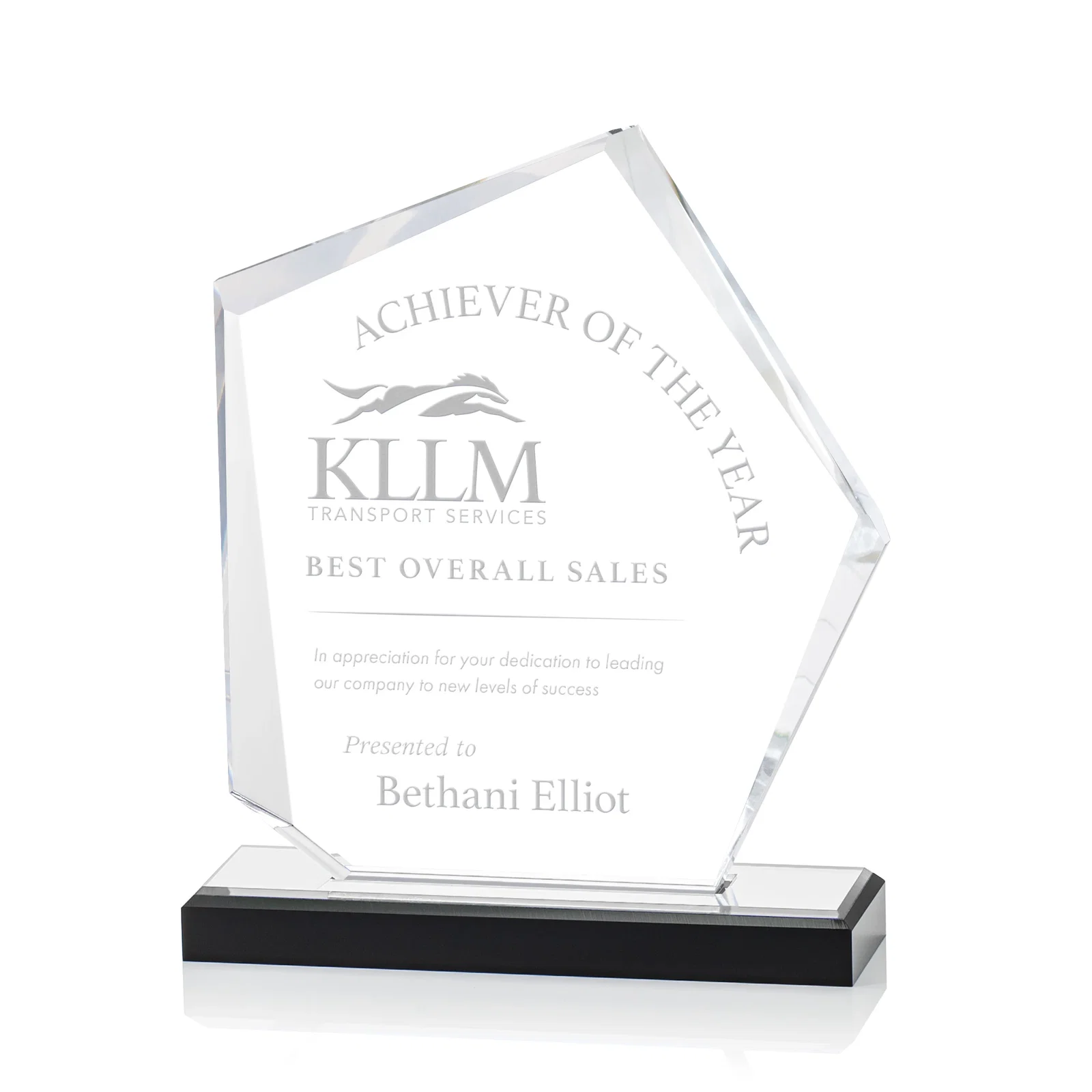 Personalized Faceted Acrylic Award with Blue Reflective Frame on Ebony Base for service anniversary gifts