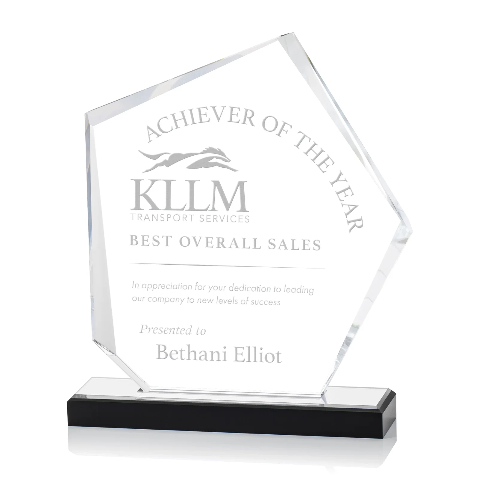 Personalized Faceted Acrylic Award with Blue Reflective Frame on Ebony Base for sales achievement awards