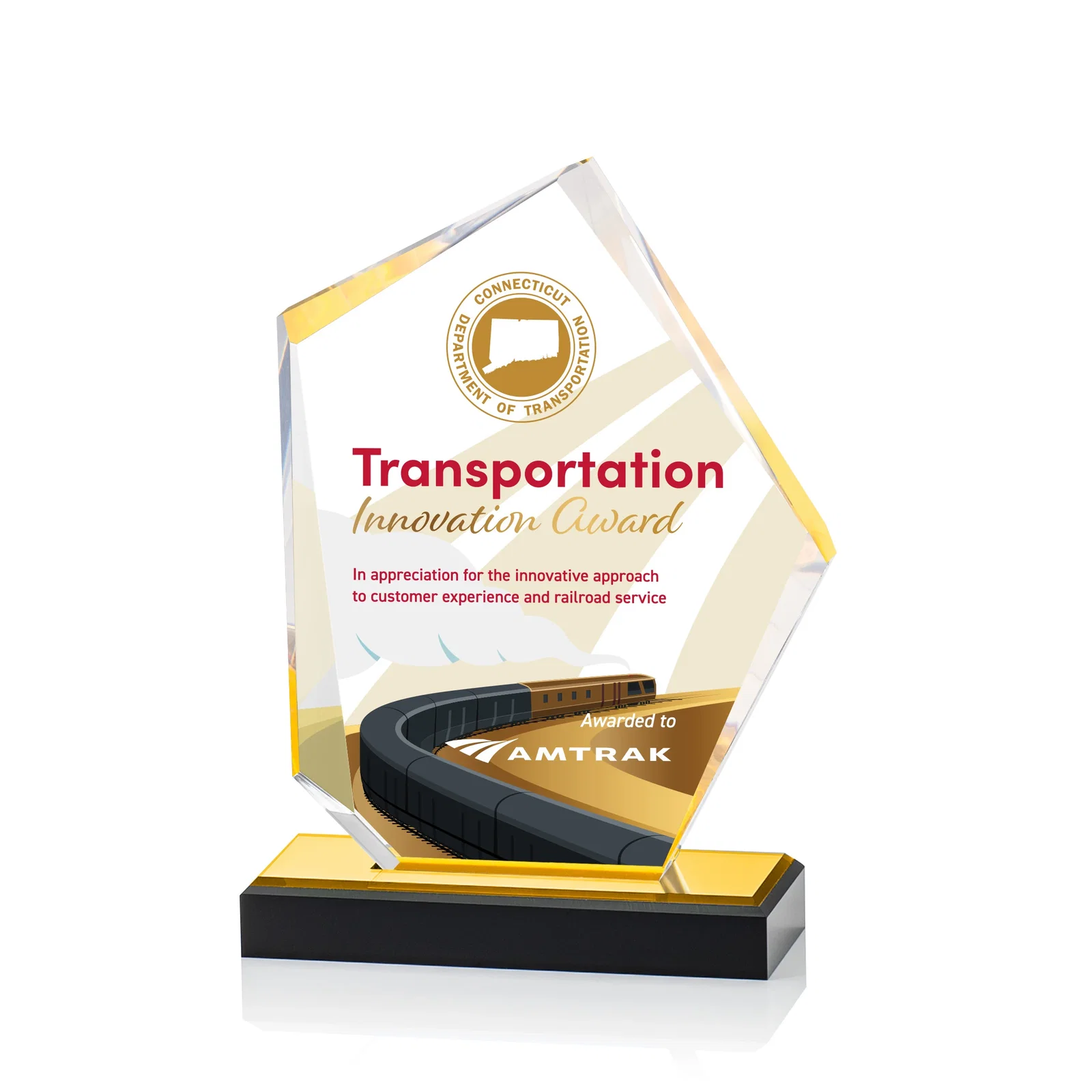 Personalized Faceted Acrylic Award with Blue Reflective Frame on Ebony Base for team milestone celebrations