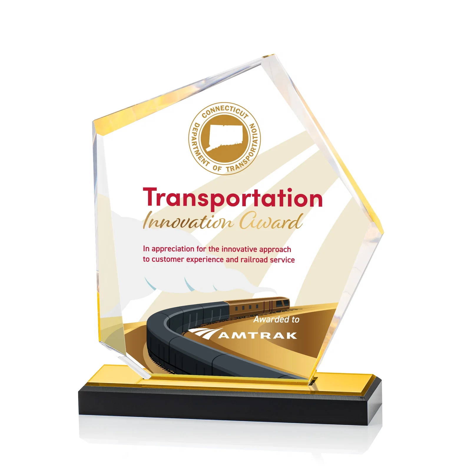 Personalized Faceted Acrylic Award with Blue Reflective Frame on Ebony Base for donor appreciation