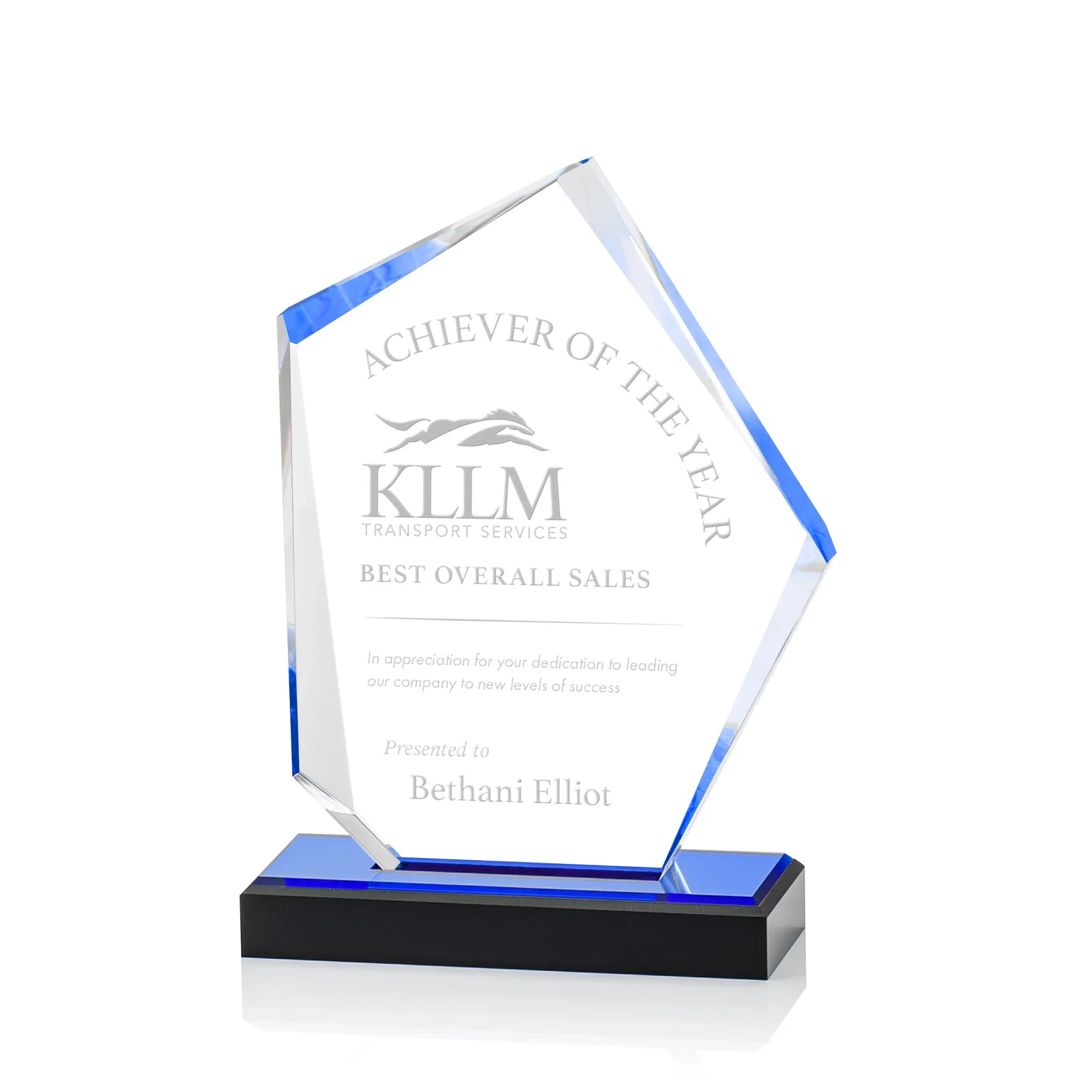 Custom Faceted Acrylic Award with Blue Reflective Frame on Ebony Base for corporate award ceremonies