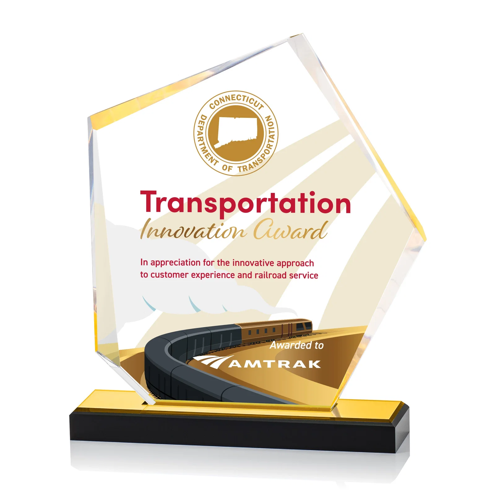 Personalized Faceted Acrylic Award with Blue Reflective Frame on Ebony Base for graduation ceremonies