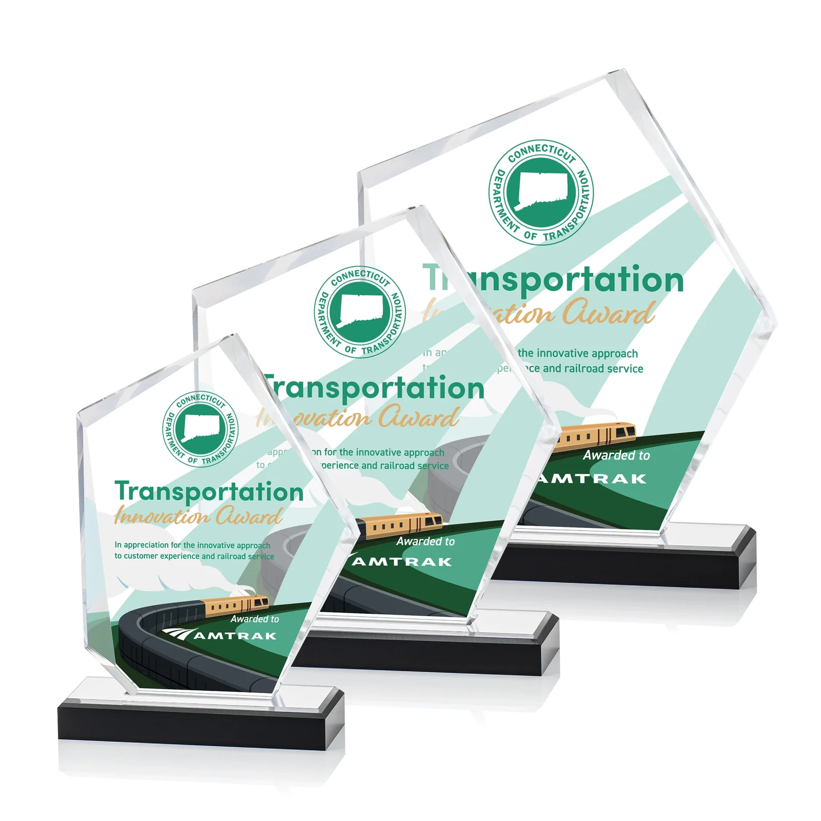 Personalized Faceted Acrylic Award with Blue Reflective Frame on Ebony Base for safety achievement programs