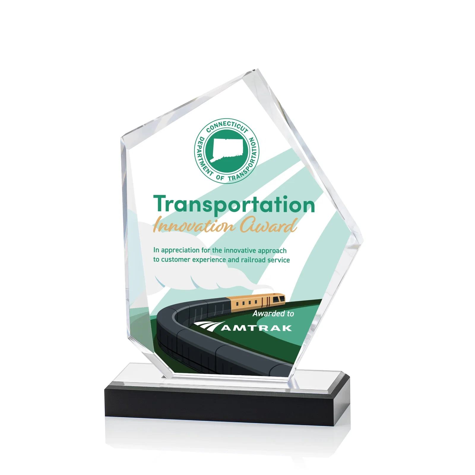 Personalized Faceted Acrylic Award with Blue Reflective Frame on Ebony Base for volunteer appreciation