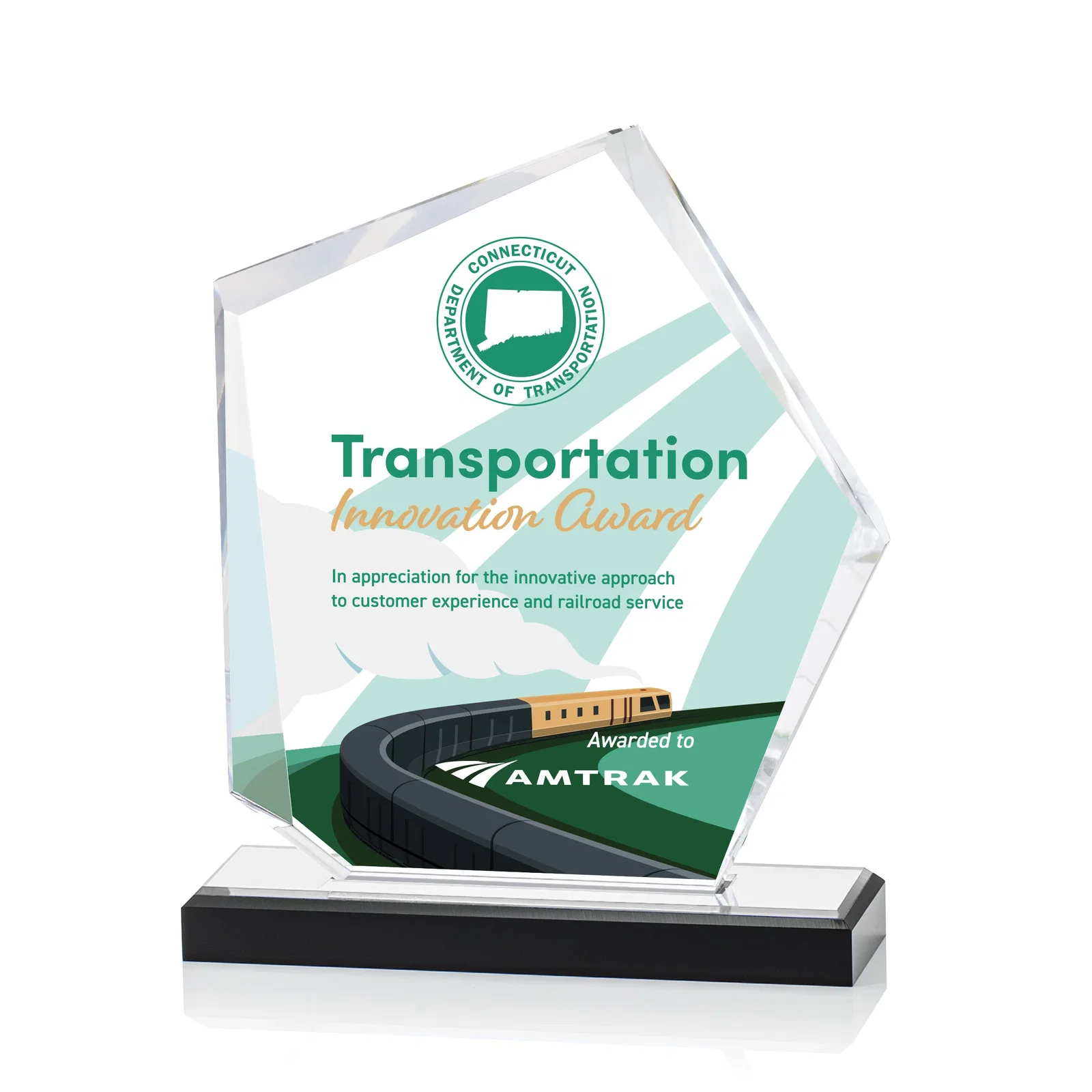 Personalized Faceted Acrylic Award with Blue Reflective Frame on Ebony Base for dealer and partner awards