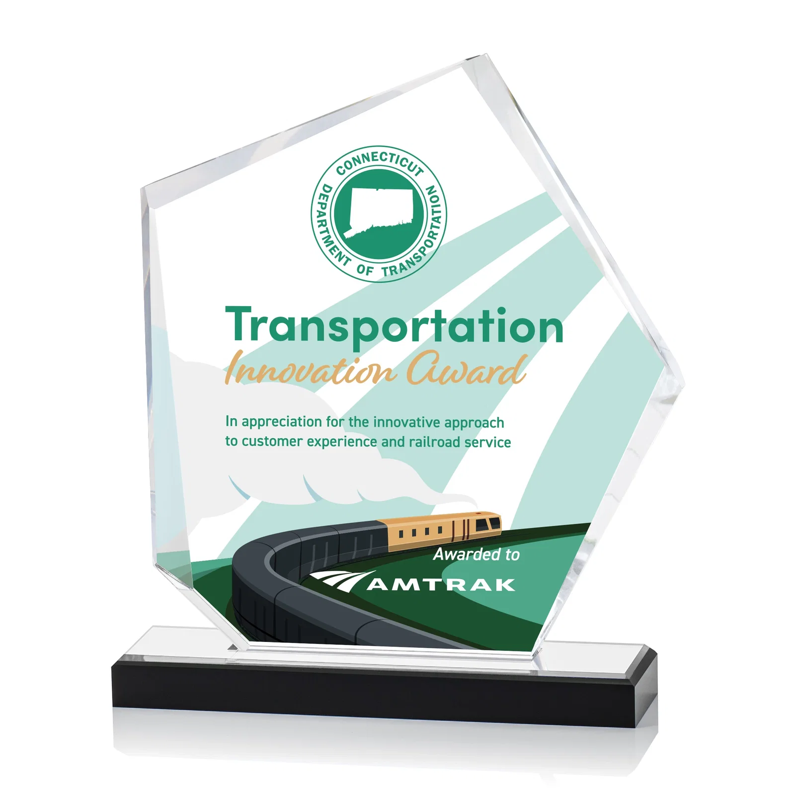 Personalized Faceted Acrylic Award with Blue Reflective Frame on Ebony Base for company anniversary events