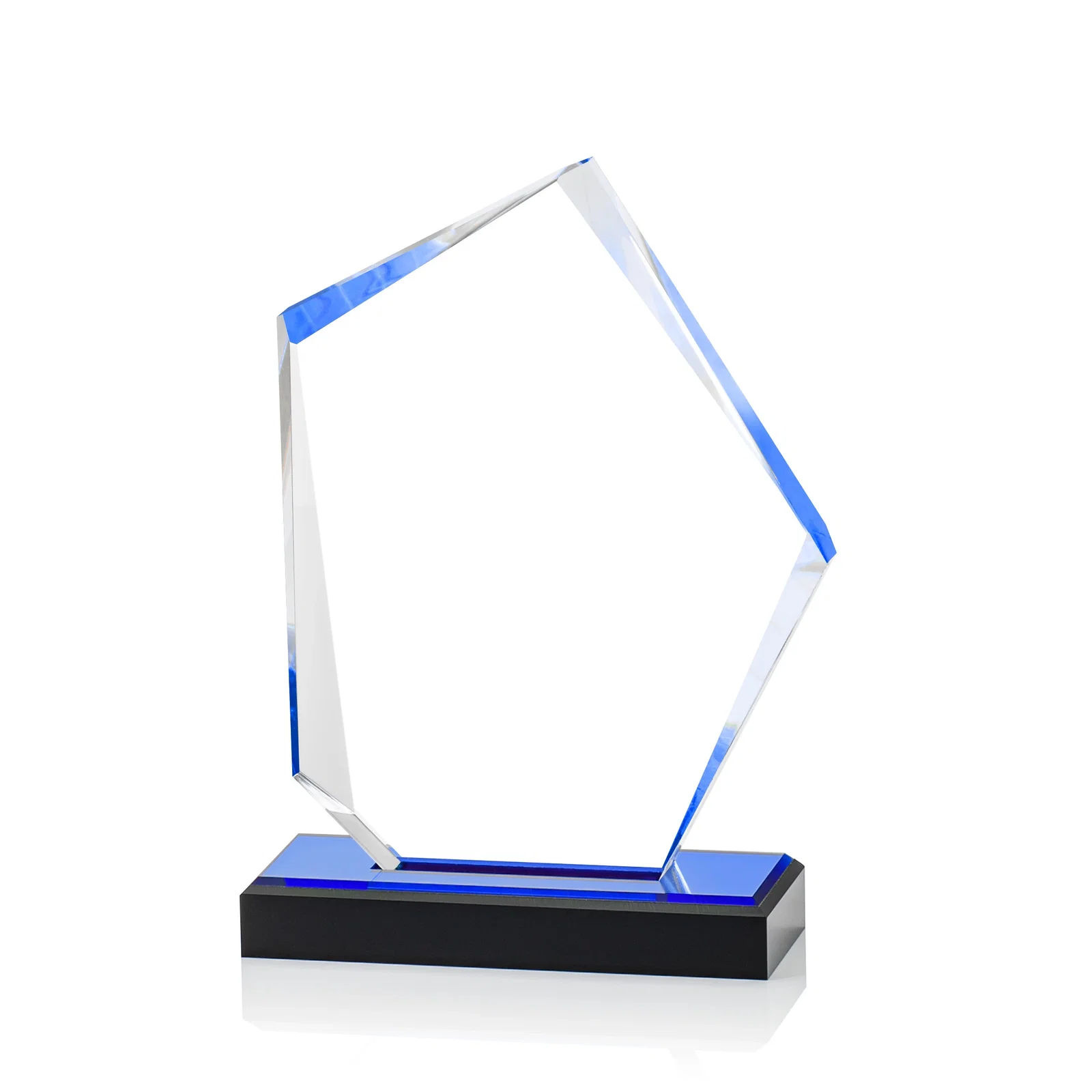 Promotional Faceted Acrylic Award with Blue Reflective Frame on Ebony Base for employee recognition