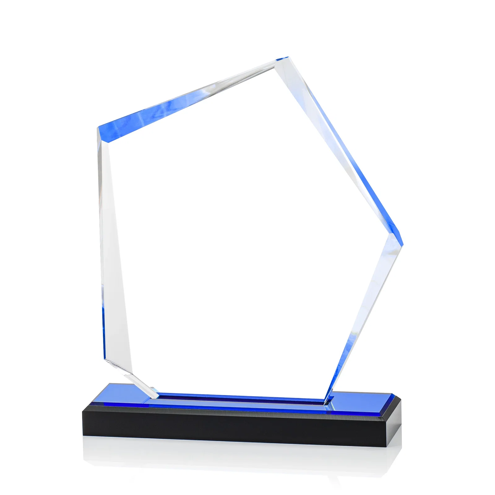 Promotional Faceted Acrylic Award with Blue Reflective Frame on Ebony Base for corporate award ceremonies