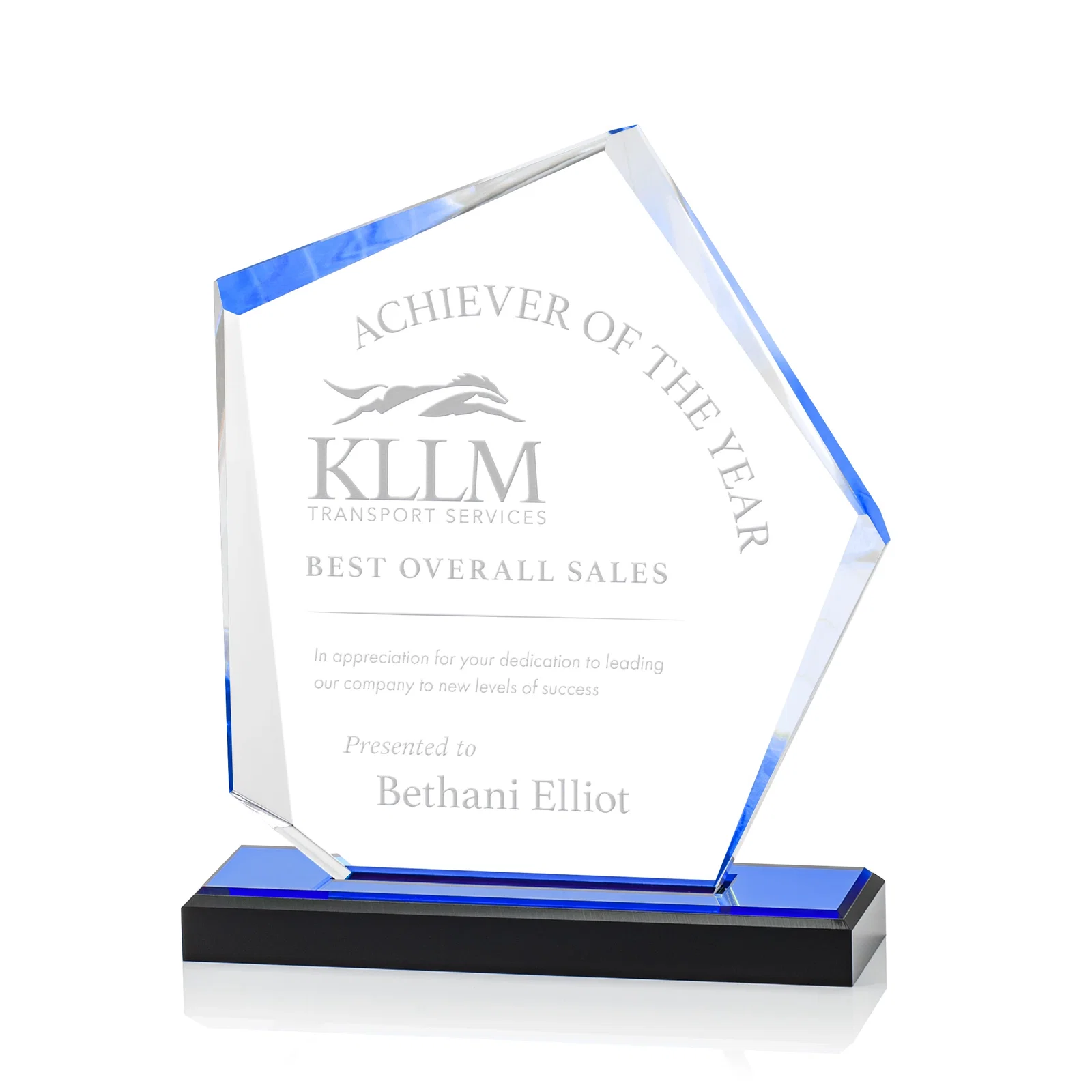 Custom Faceted Acrylic Award with Blue Reflective Frame on Ebony Base for service anniversary gifts