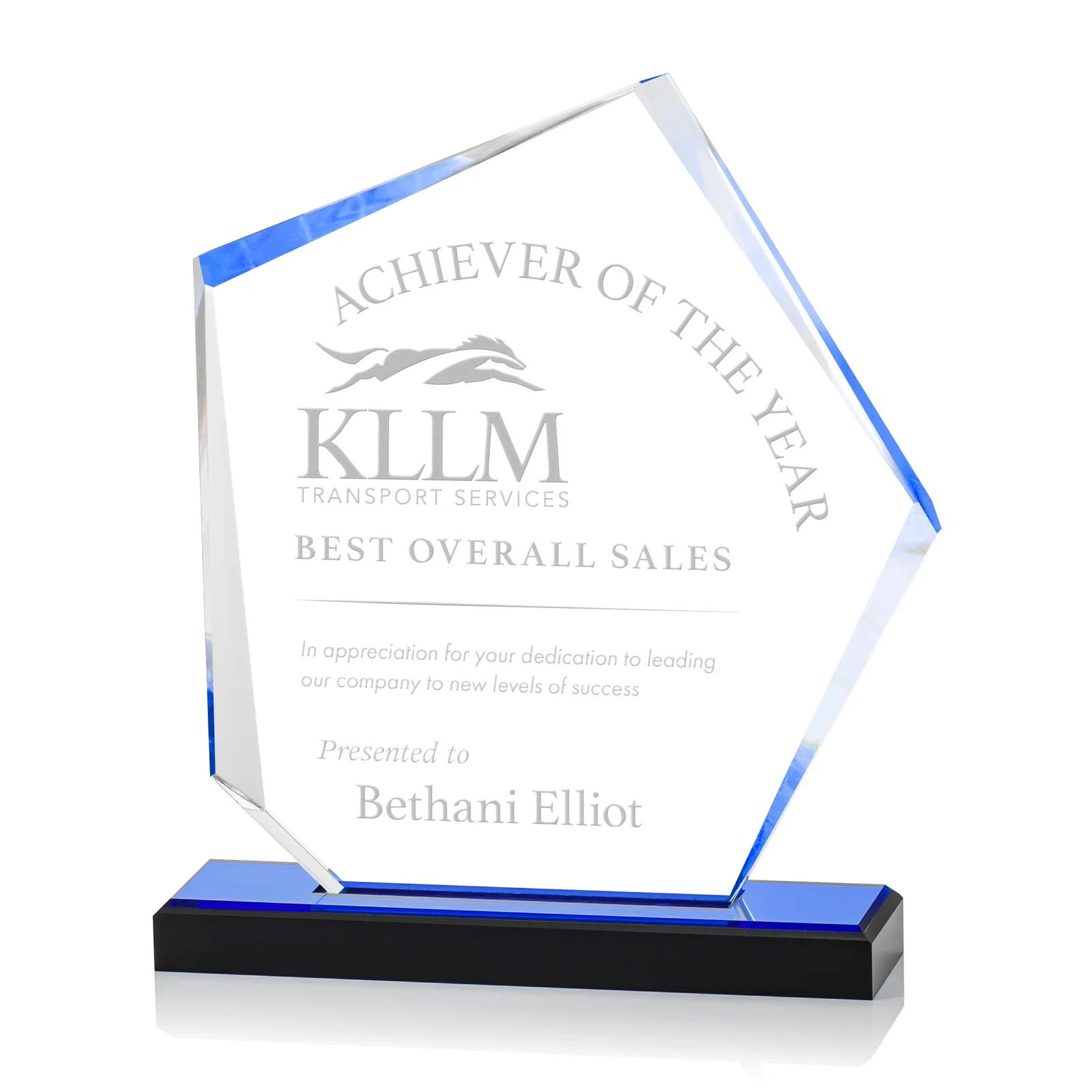 Custom Faceted Acrylic Award with Blue Reflective Frame on Ebony Base for sales achievement awards