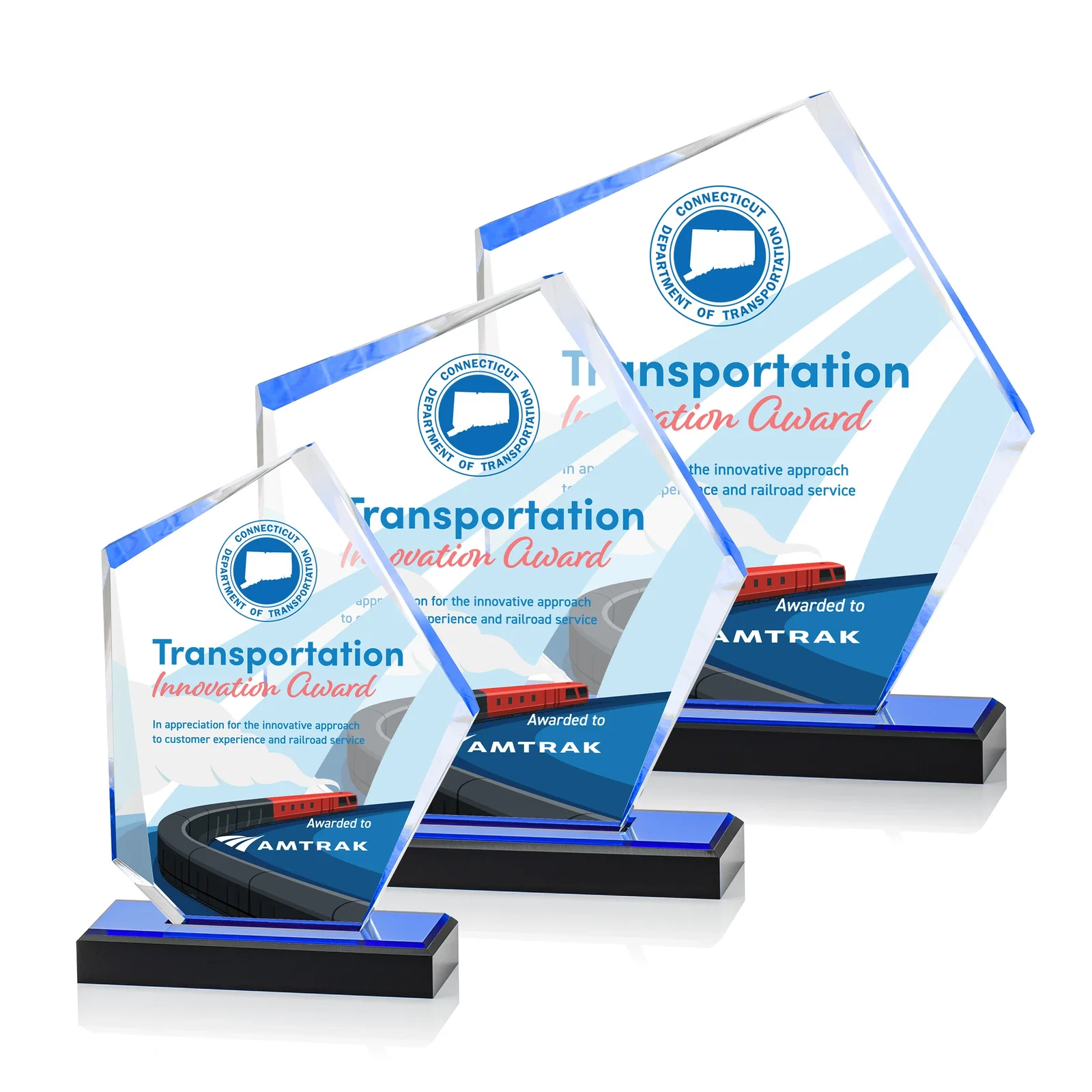 Custom Faceted Acrylic Award with Blue Reflective Frame on Ebony Base for retirement presentations