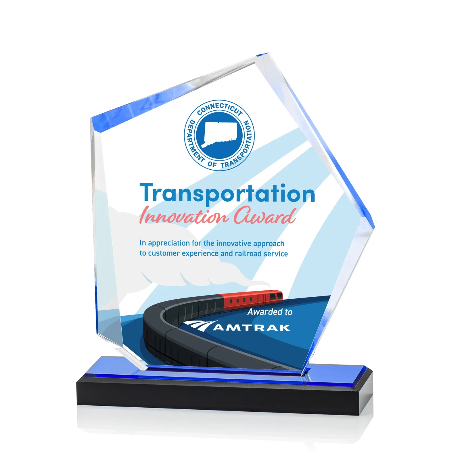 Custom Faceted Acrylic Award with Blue Reflective Frame on Ebony Base for donor appreciation