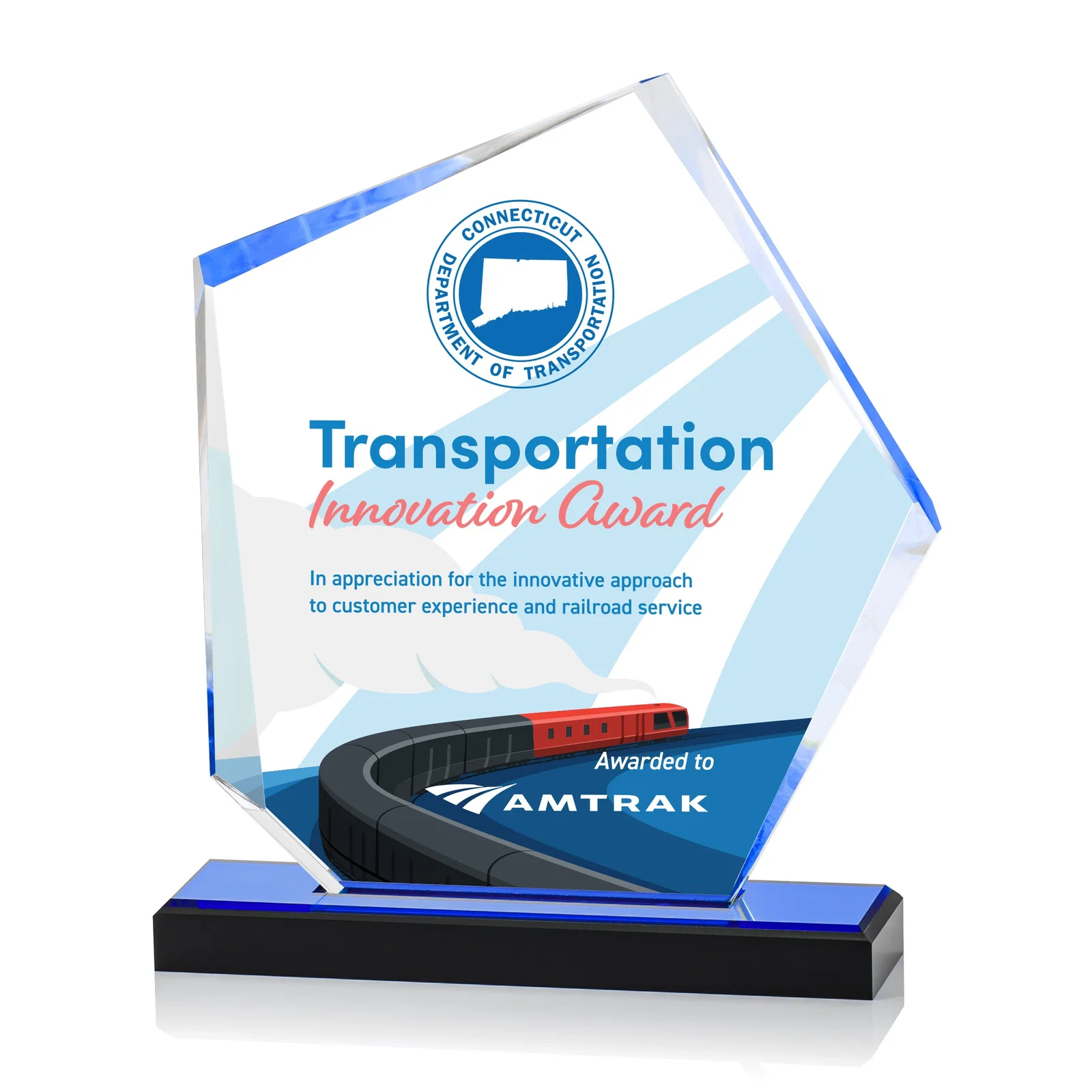 Custom Faceted Acrylic Award with Blue Reflective Frame on Ebony Base for graduation ceremonies