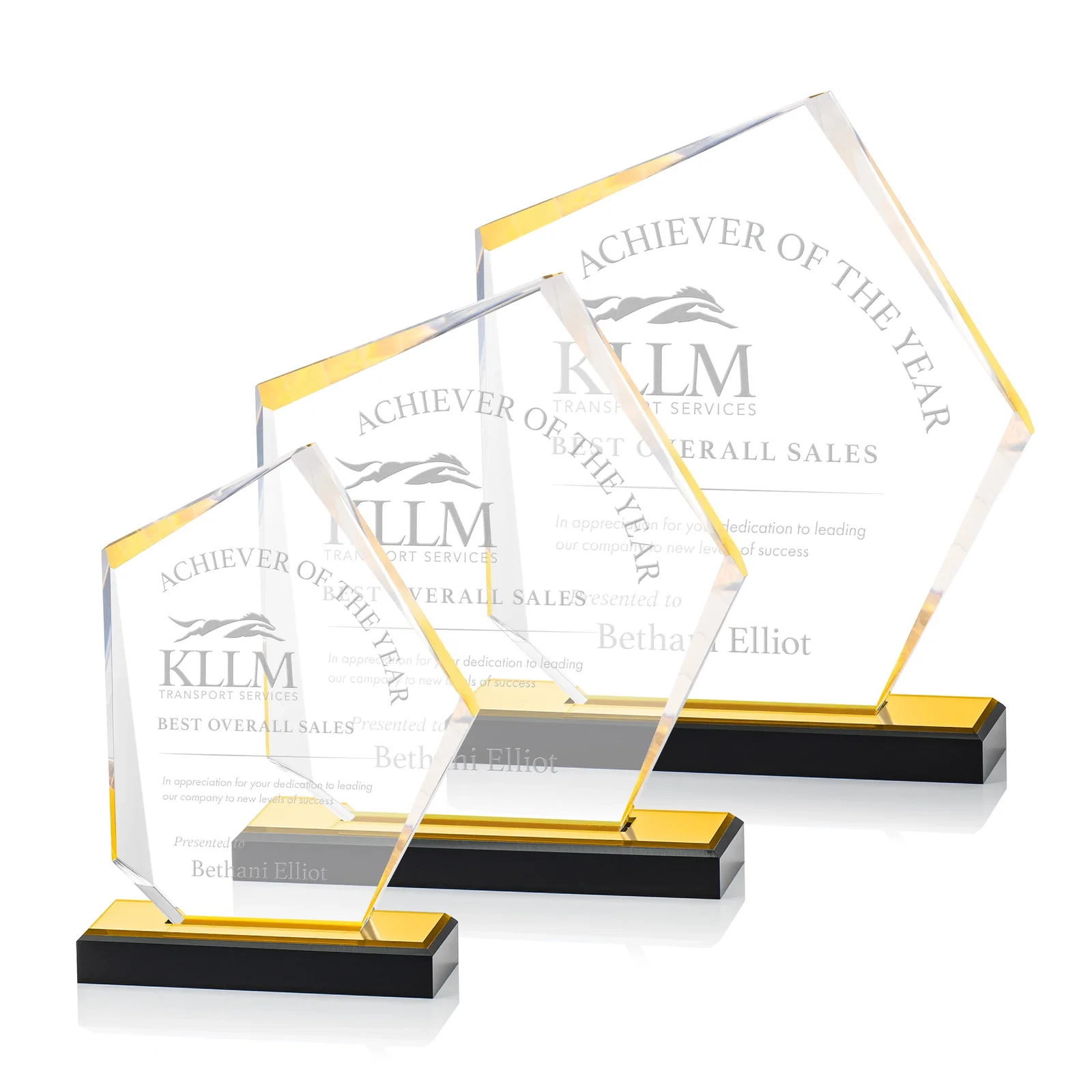 Custom Faceted Acrylic Award with Blue Reflective Frame on Ebony Base for safety achievement programs