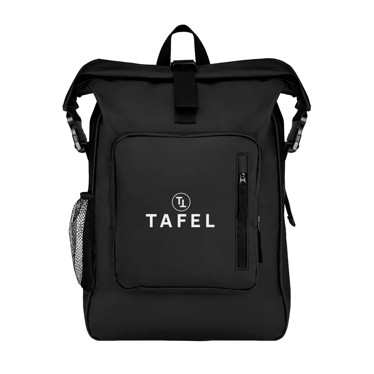 Black roll-top backpack that closes by folding the opening down