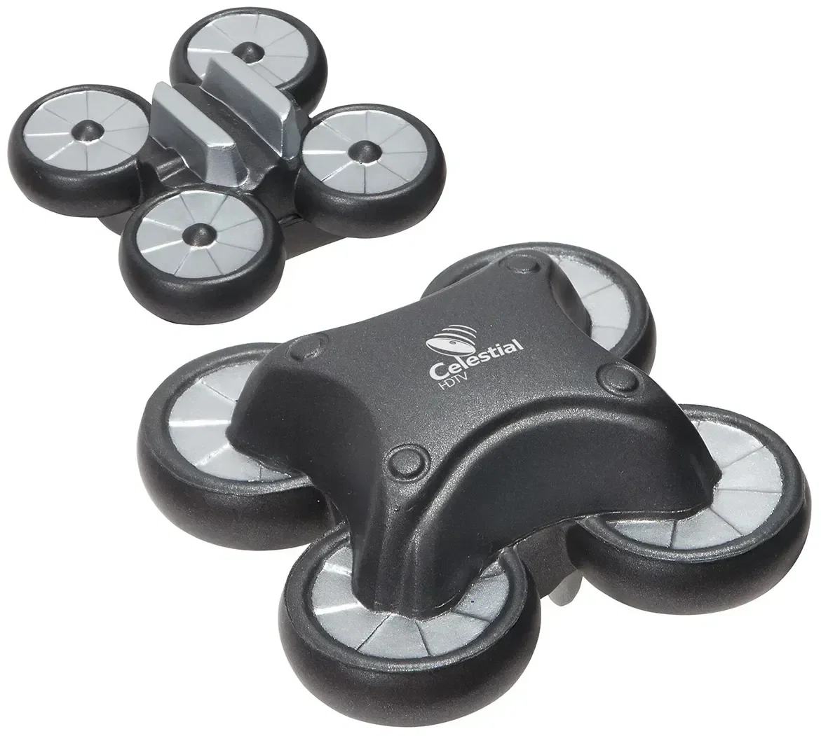Custom Drone Stress Reliever shaped like a quadcopter drone, molded foam with promotional logo