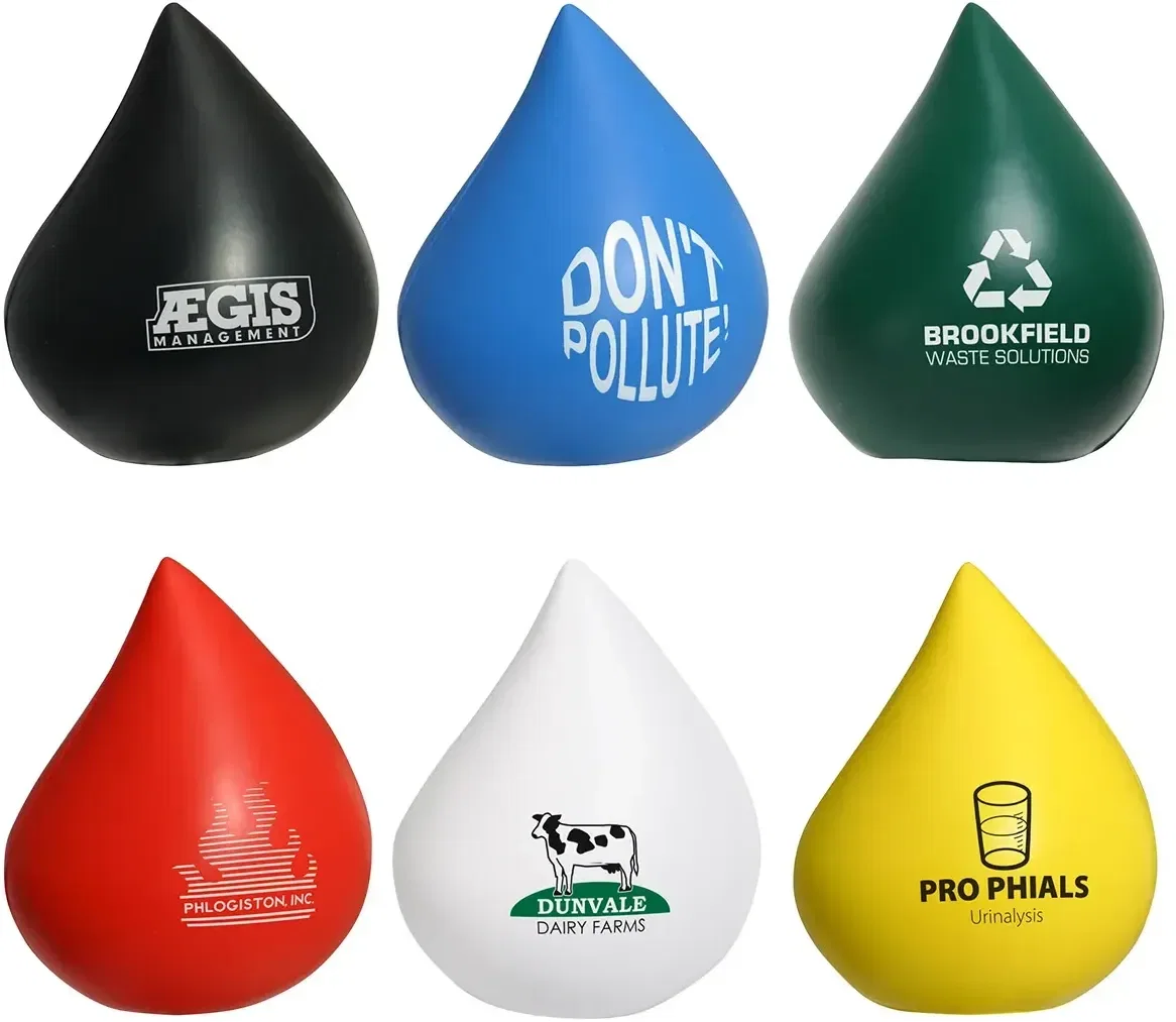 Custom Droplet Stress Reliever, branded water-drop squeeze toy front view with round logo print space