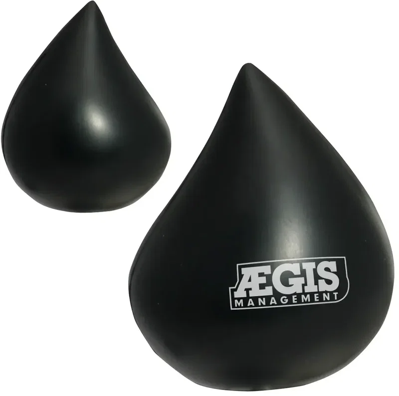 Branded Droplet Stress Reliever, custom water-drop squeeze toy side profile showing logo print area
