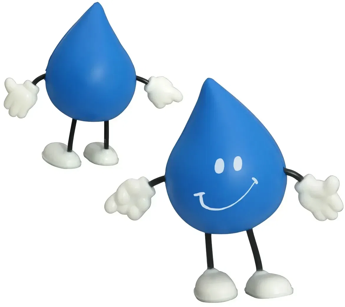 Water drop branded stress reliever side view, custom promotional squeeze toy figurine