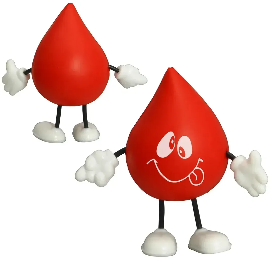 Custom droplet stress reliever close-up of logo, branded water-utility squeeze toy