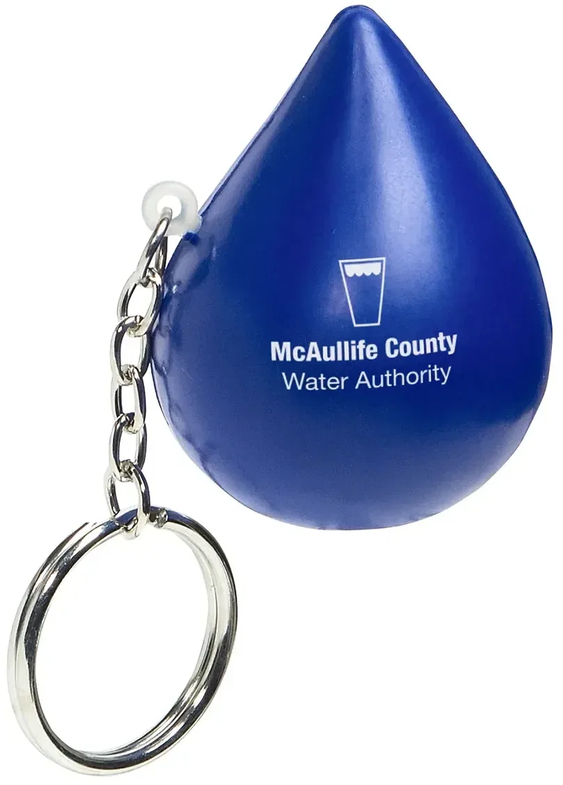 Branded water-droplet stress ball keychain, side detail of the custom promotional giveaway