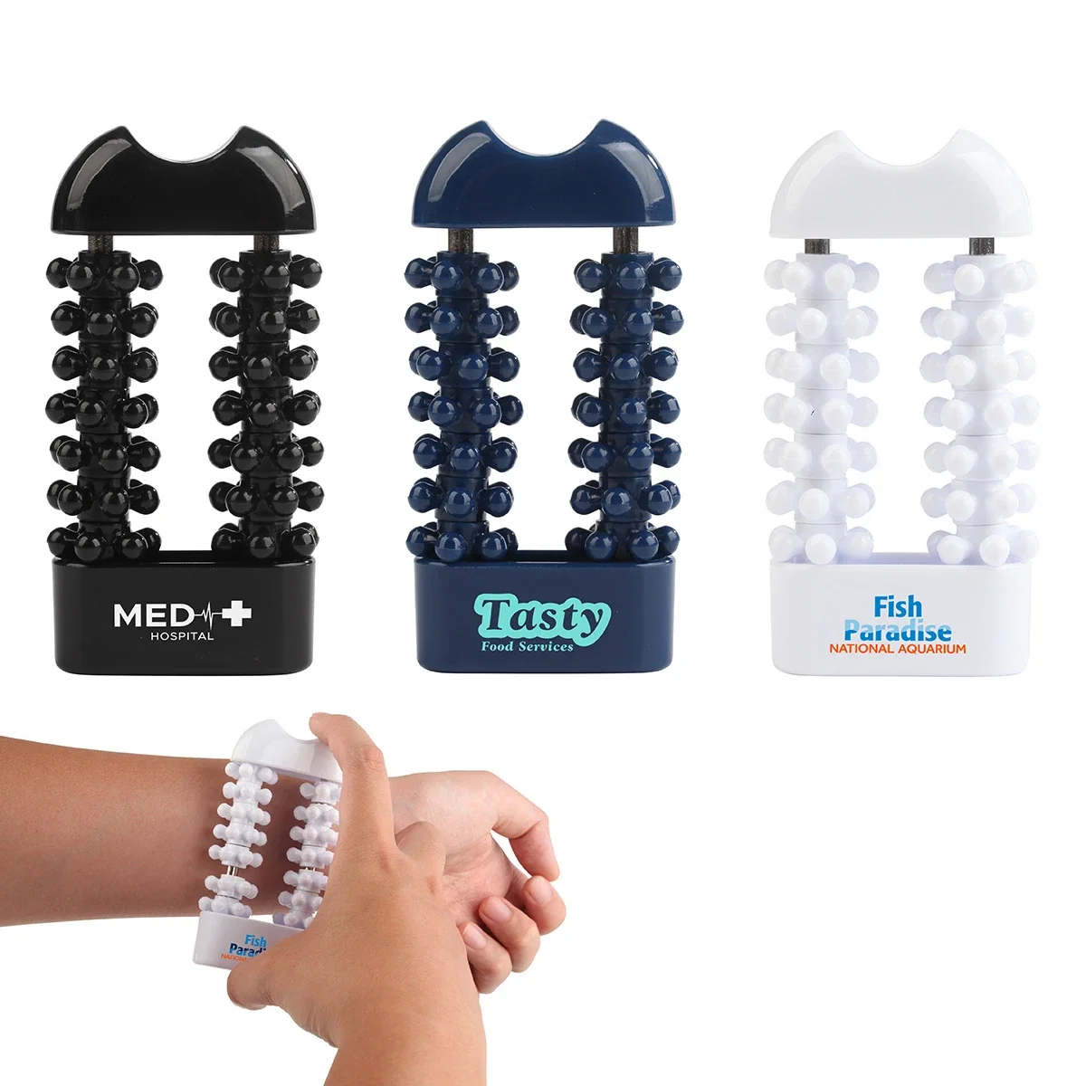 Custom Dual Axis Body Massager, front view of the branded massager