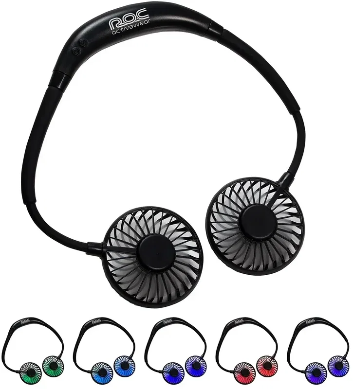 Dual Breeze custom mood-light neck fan with branded logo, front view