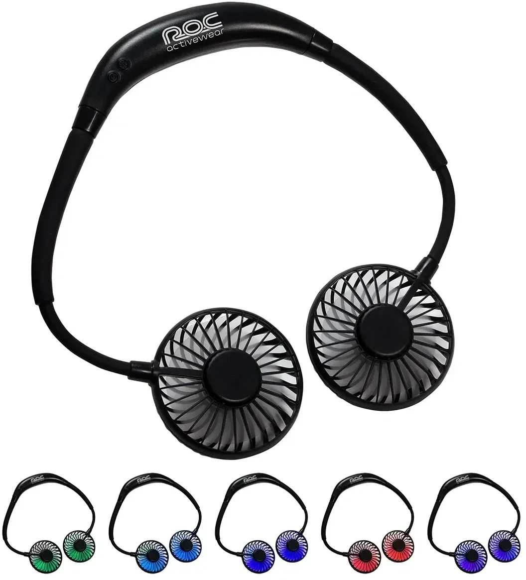 Dual Breeze custom mood-light neck fan with branded logo, front view