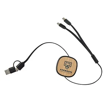 Dual Input 3-in-1 Retractable Bamboo Charge-It™ Cable — view 2