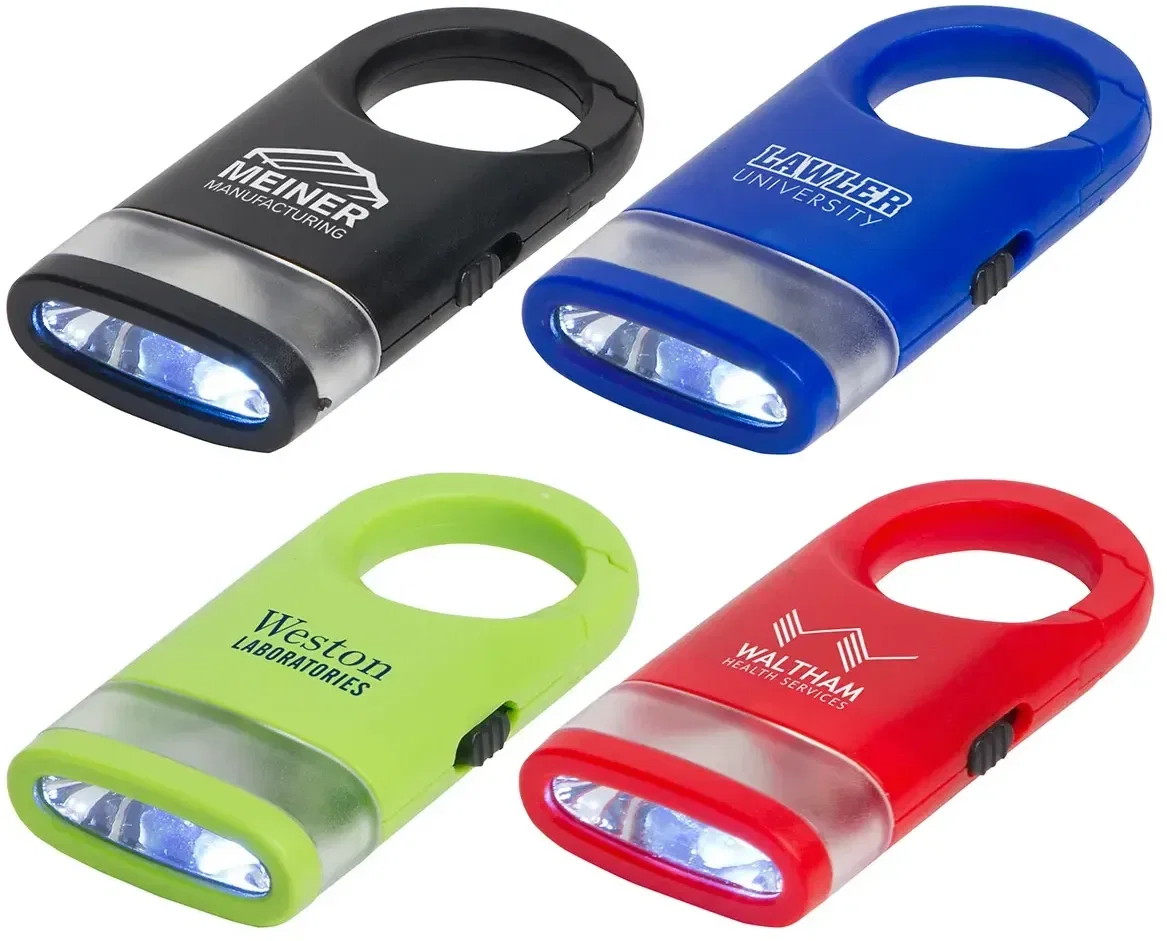 Dual Shine 2-in-1 carabiner light with custom logo, promotional clip-on light front view