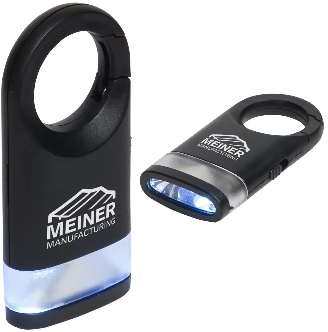 Custom branded carabiner light in flashlight mode, side view