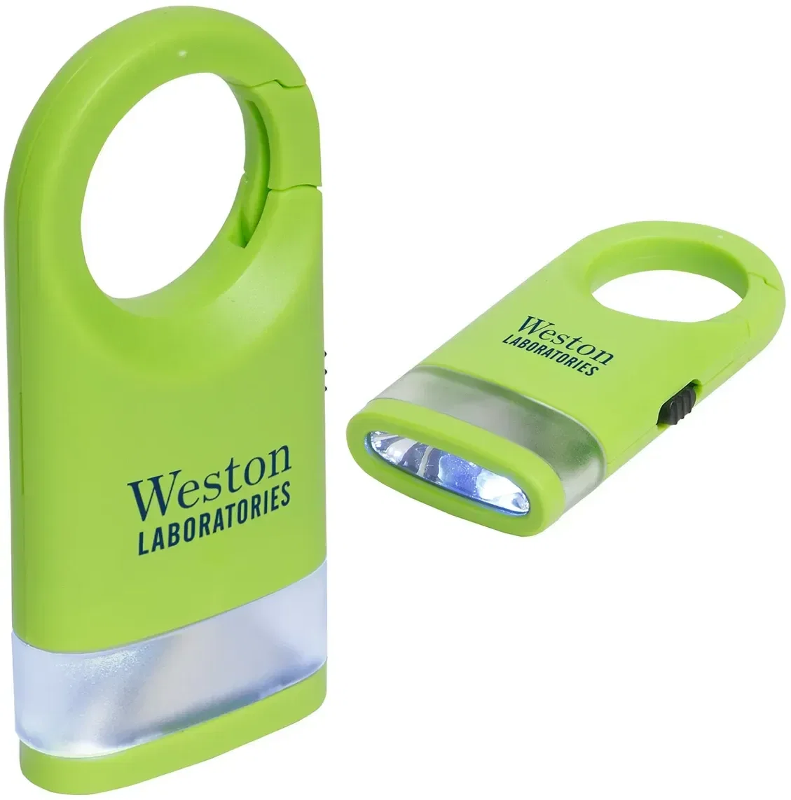 Promotional carabiner light standing upright as a lantern, glowing