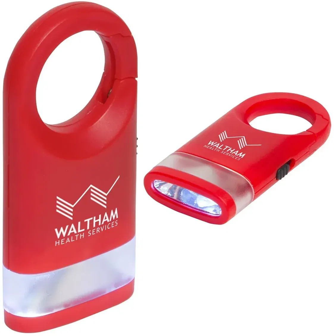 Custom branded clip-on light hooked to a backpack strap