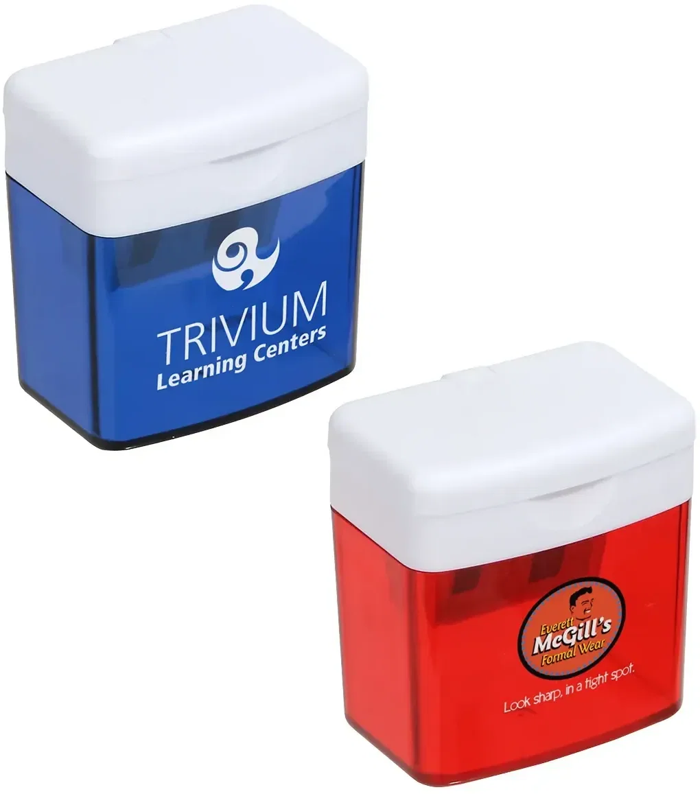 Custom branded dual pencil and crayon sharpener, front view of the promotional sharpener with logo space