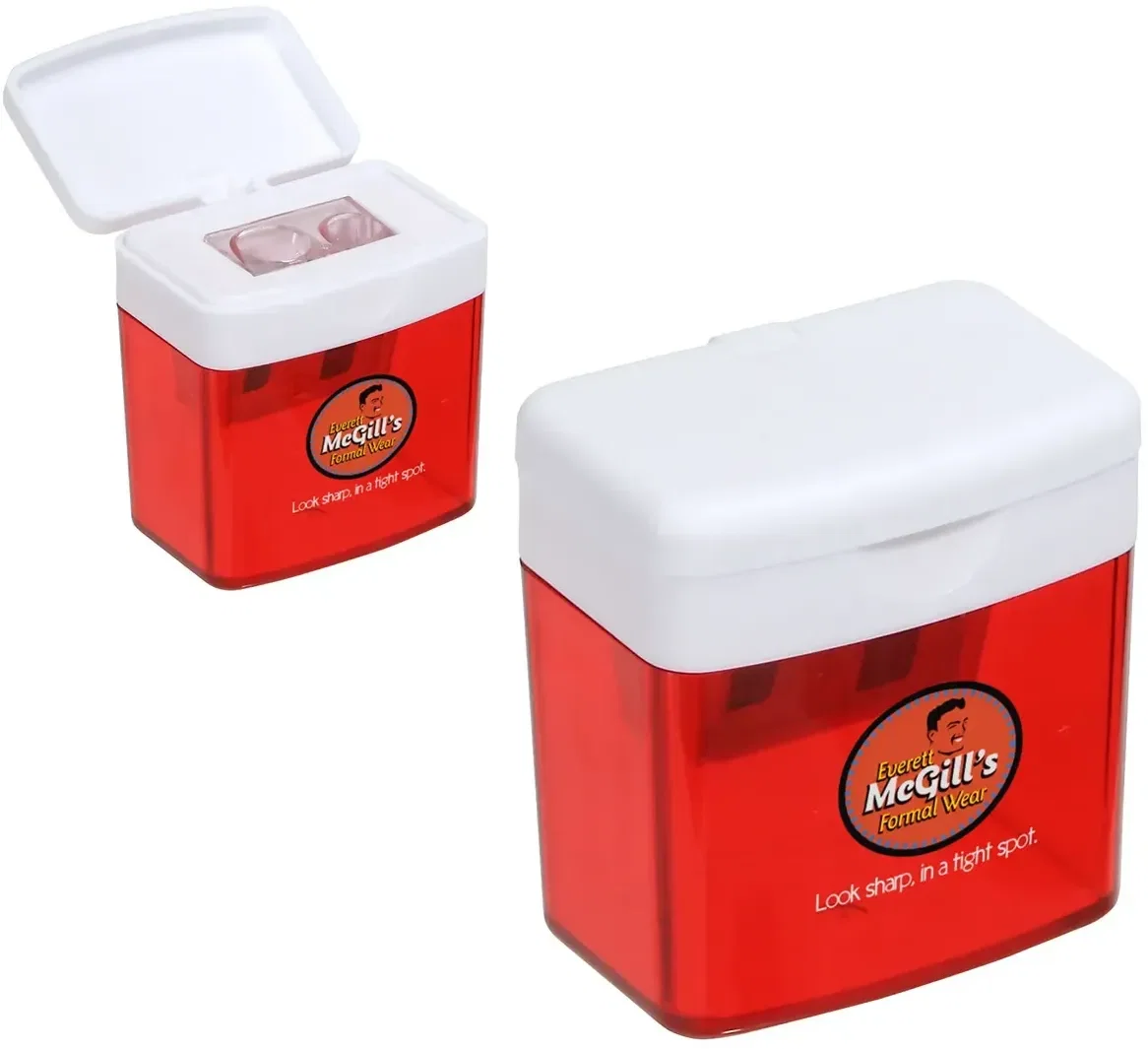 Close-up of the promotional pencil and crayon sharpener openings, custom branded pocket sharpener detail