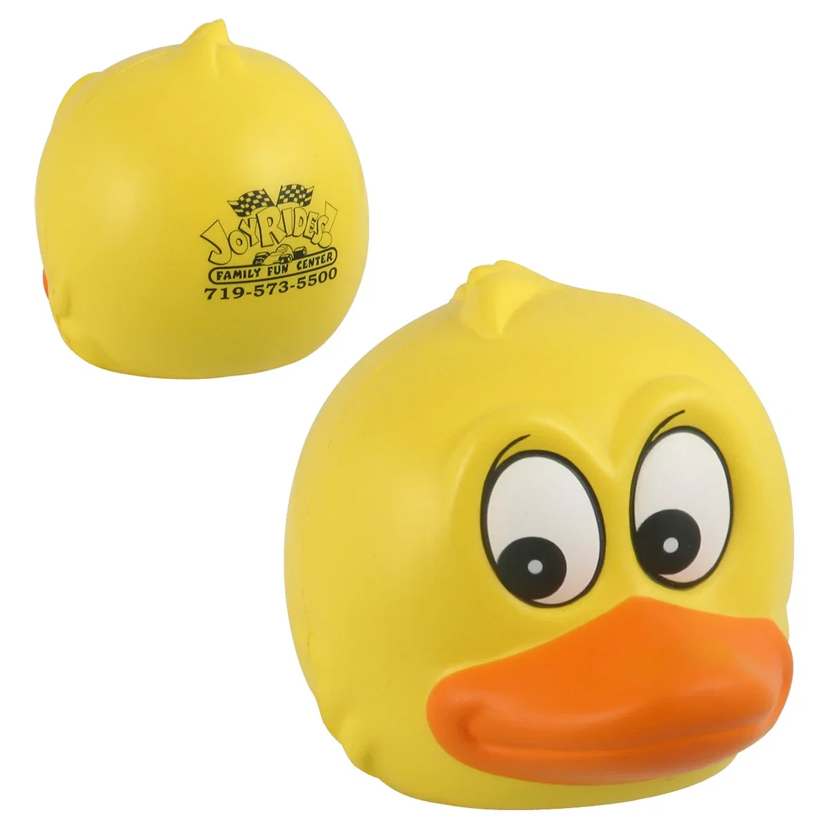 Duck head shaped stress reliever with a funny face and a pad-printed back imprint