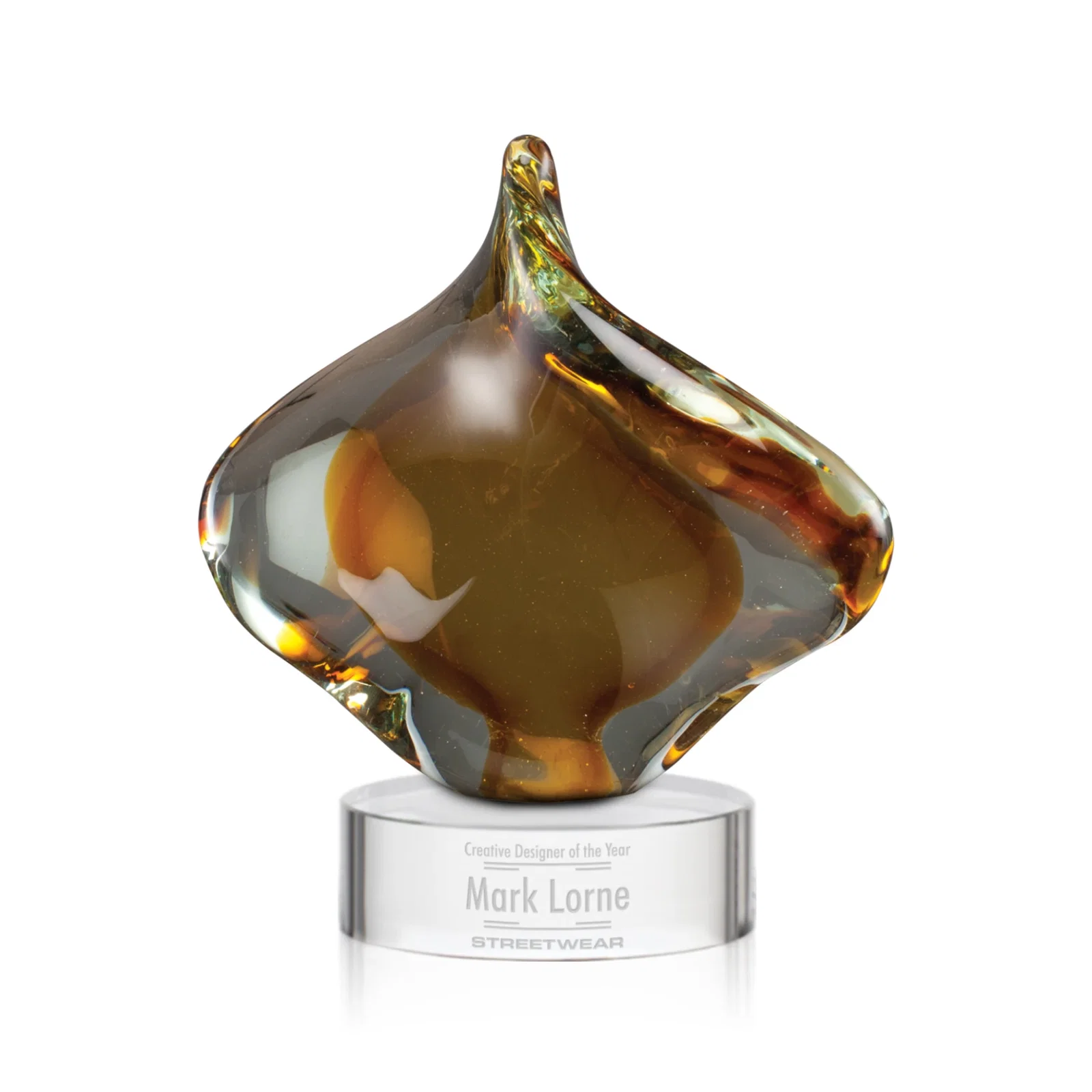 Custom Amber and Gray Art Glass Teardrop Award, Hand-Formed for corporate award ceremonies