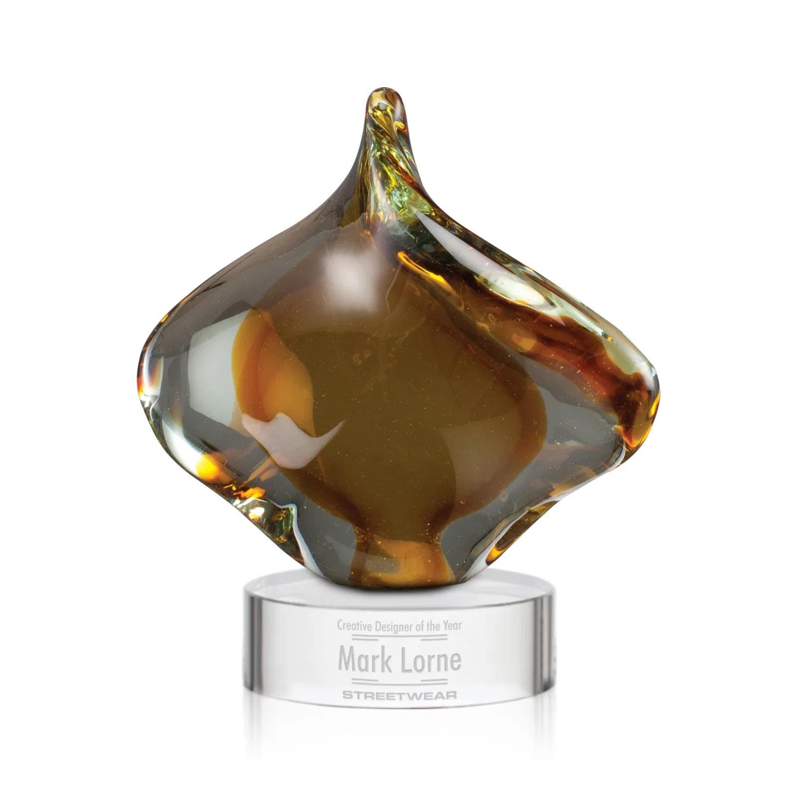 Custom Amber and Gray Art Glass Teardrop Award, Hand-Formed for service anniversary gifts