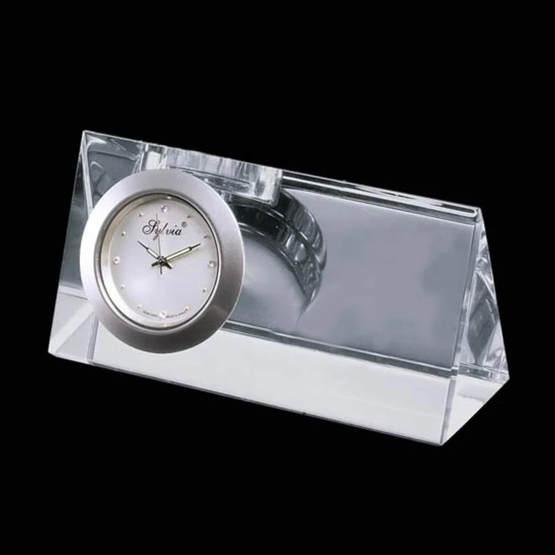 Custom Optical Crystal Desk Clock With Chrome Face for corporate award ceremonies