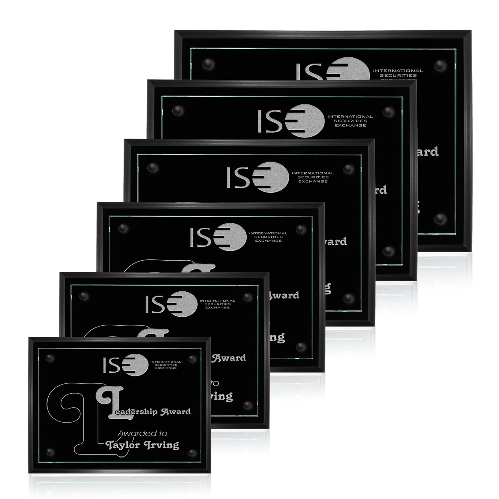 Custom Jade Glass Wall Plaque on a Black Wood-Product Backing for employee recognition