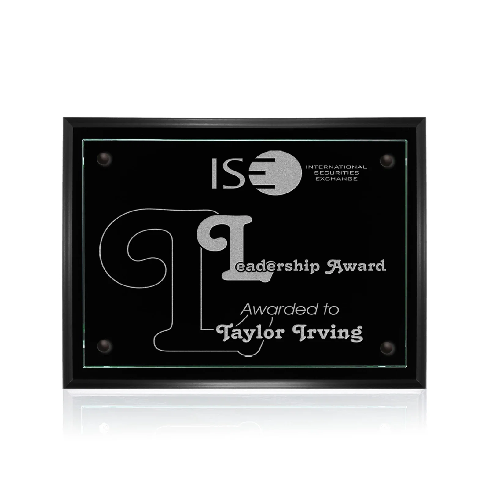 Custom Jade Glass Wall Plaque on a Black Wood-Product Backing for corporate award ceremonies