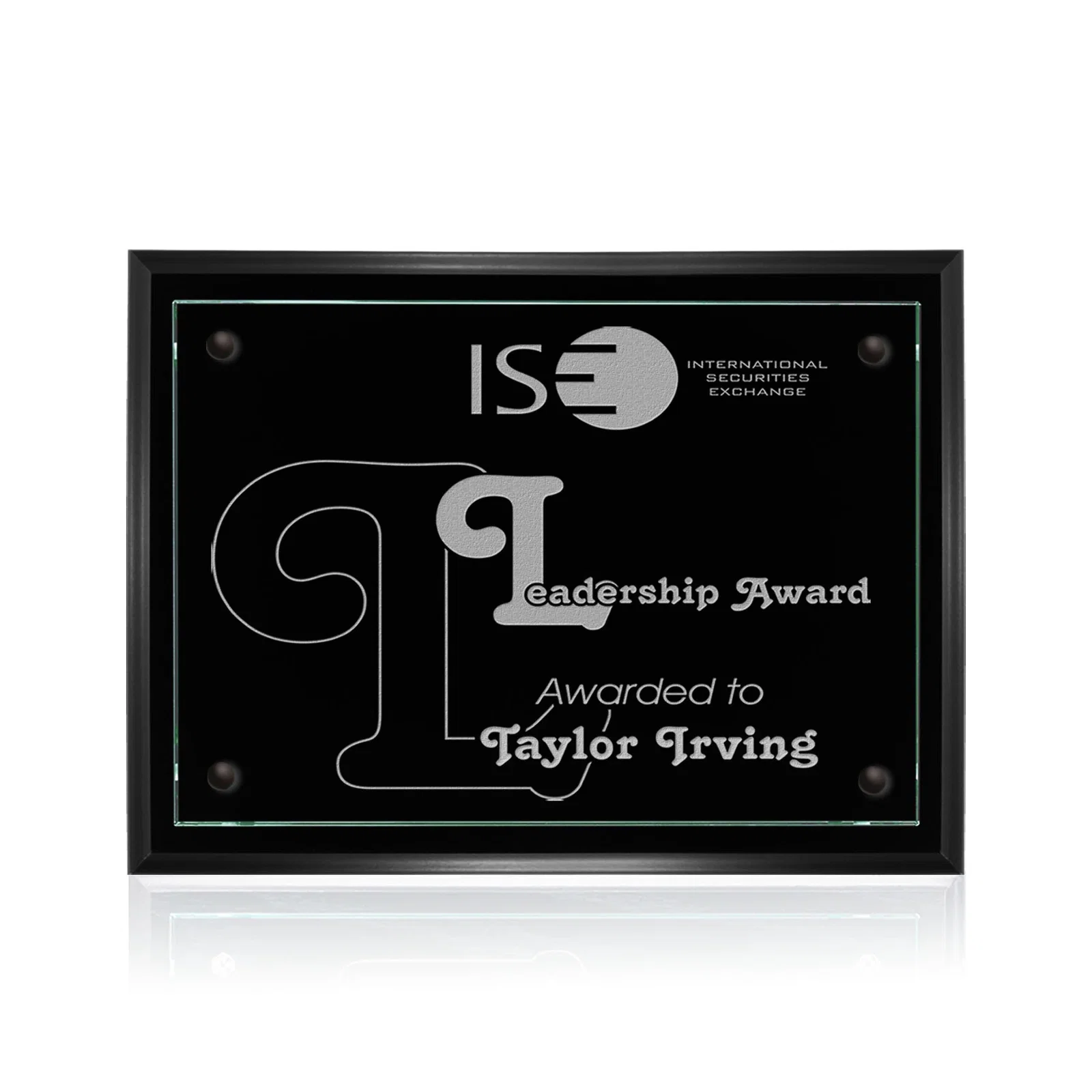 Custom Jade Glass Wall Plaque on a Black Wood-Product Backing for service anniversary gifts