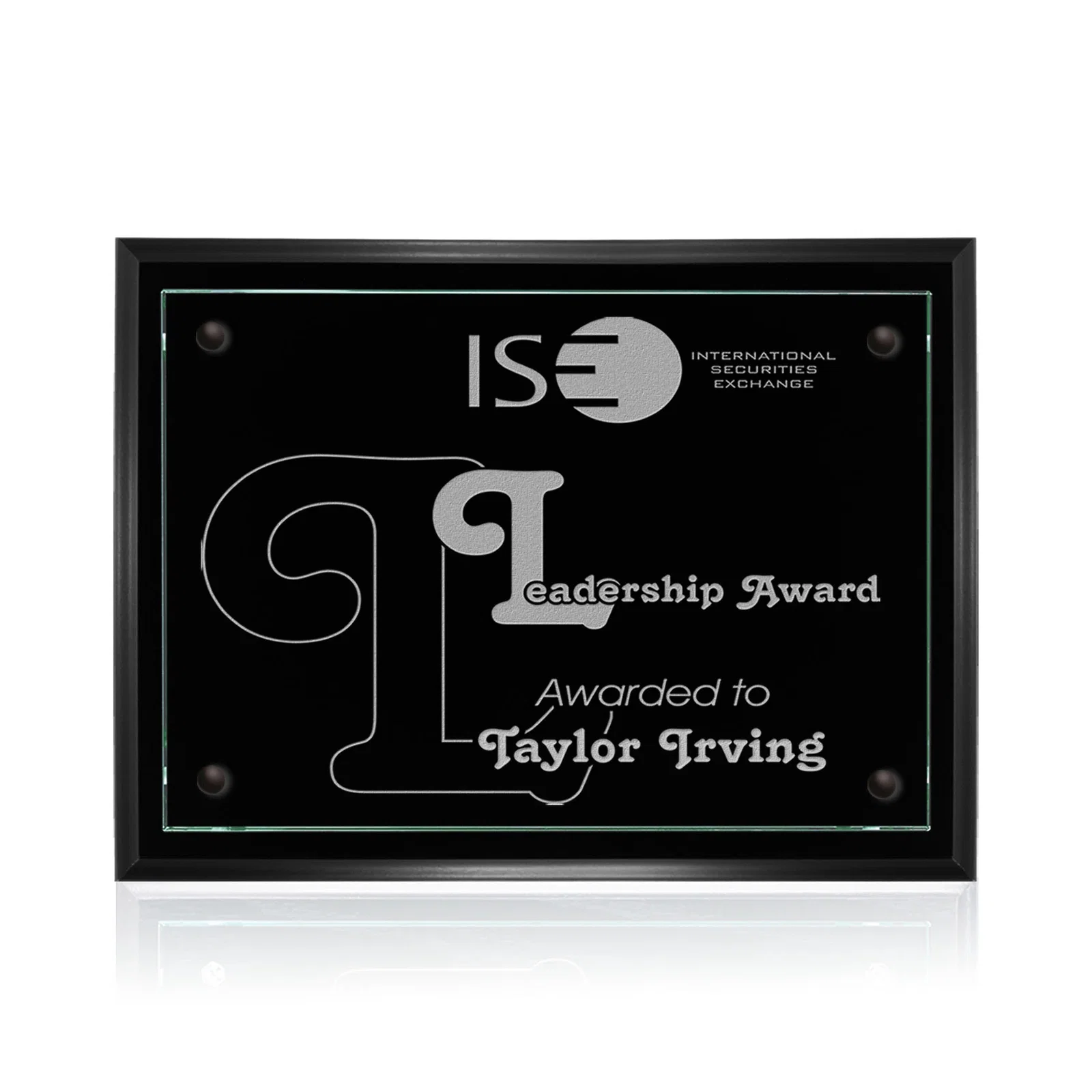 Custom Jade Glass Wall Plaque on a Black Wood-Product Backing for sales achievement awards