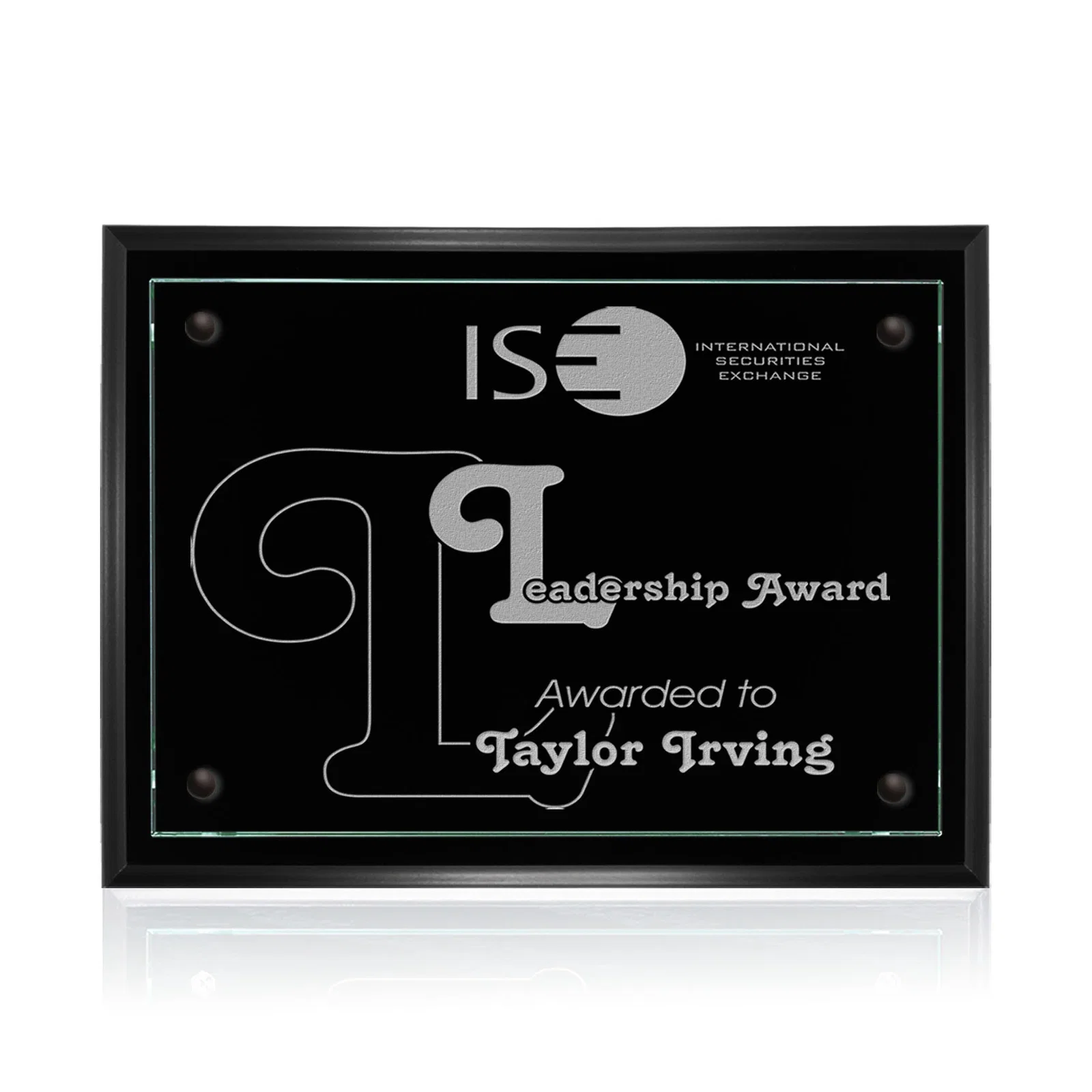 Custom Jade Glass Wall Plaque on a Black Wood-Product Backing for retirement presentations