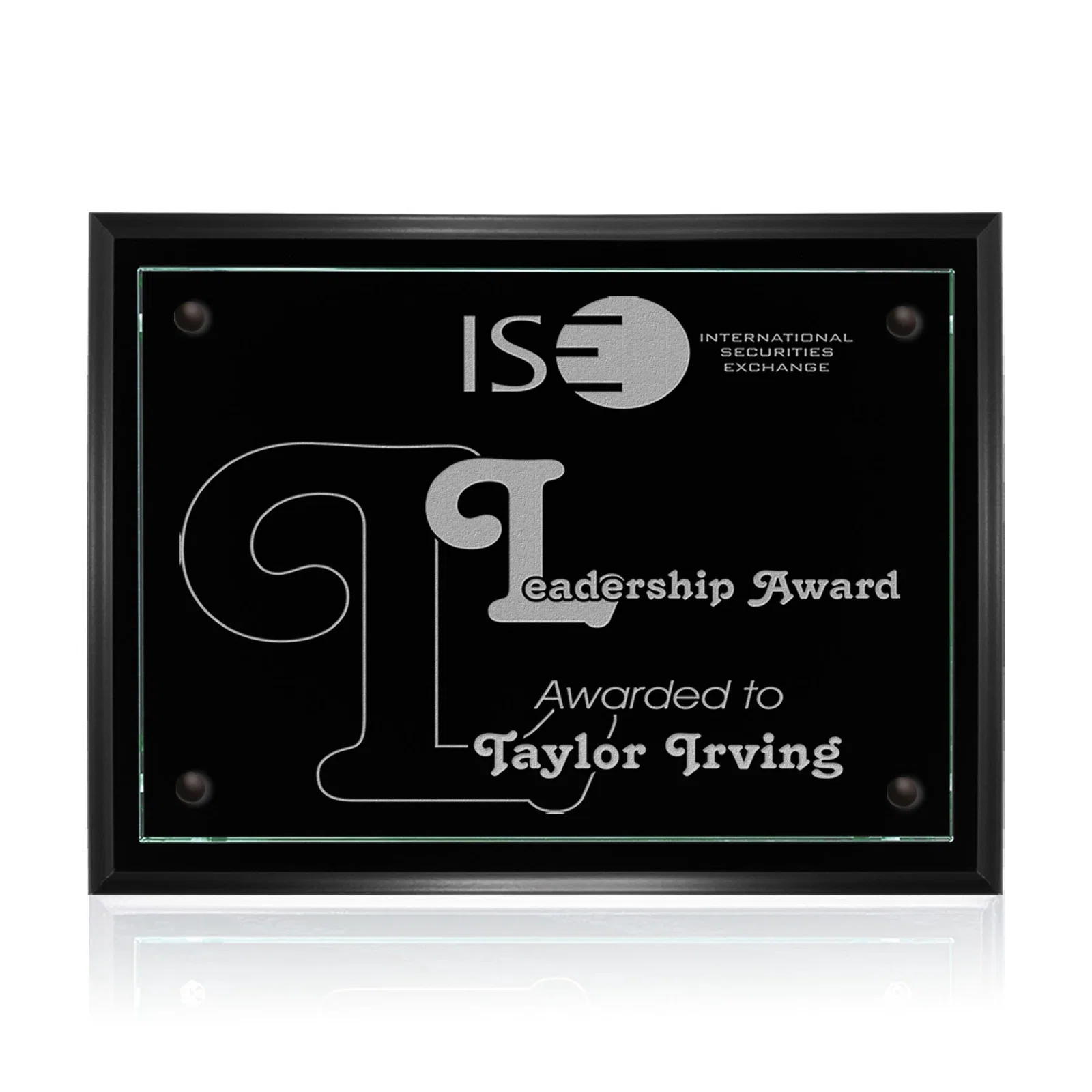 Custom Jade Glass Wall Plaque on a Black Wood-Product Backing for team milestone celebrations